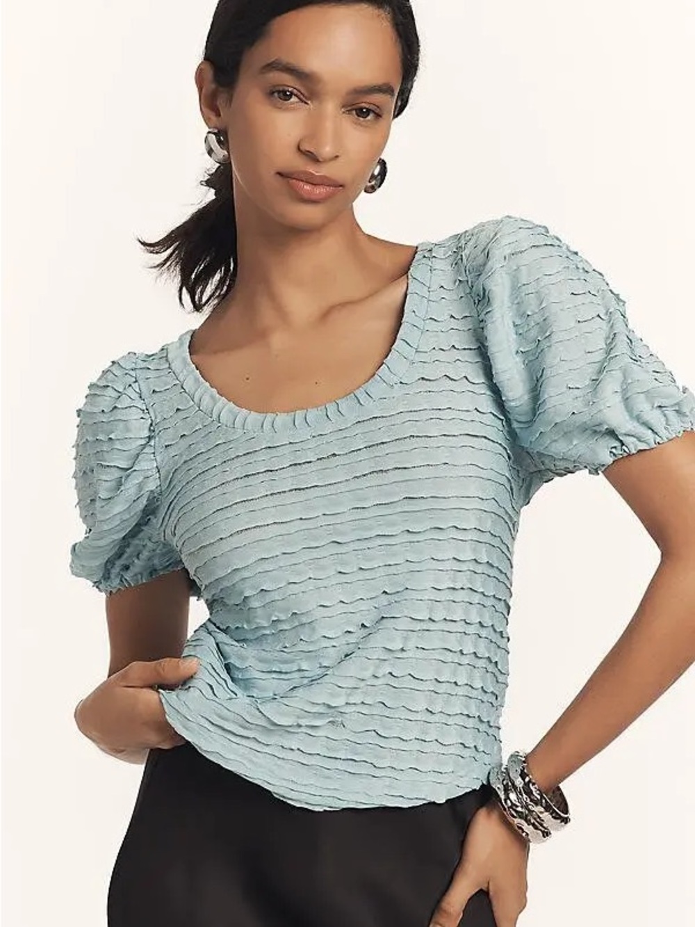 Anthropologie Light Blue Textured Puff Sleeve Top
